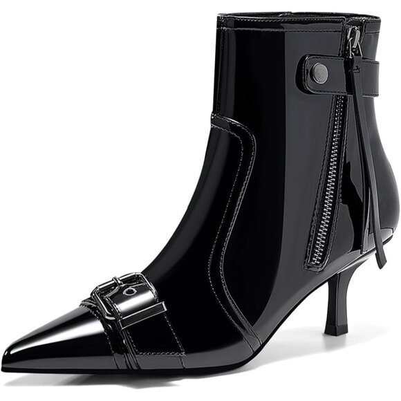 ⚡Women's Cool Black Kitten Heel Ankle Boot Pointed Toe Buckle Side Zipper Tassel - Picture 3 of 5